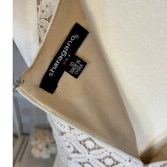 Sharagano Women's Size 10 Ivory Lace Nude Underlay Sleeveless Linen Shift Dress - Picture 7 of 9